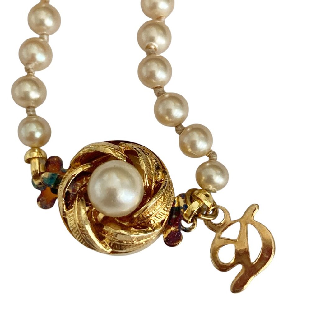 Vtg Danecraft Cream Glass Pearl Necklace 18" Hand Knot Vermeil Sterling Clasp